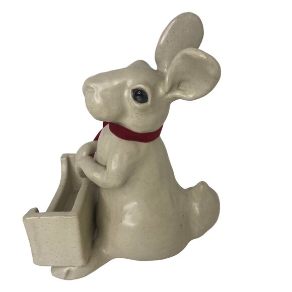 Ceramic art rabbit napkin holder candy dish Easter party decor signed 8" - Picture 2 of 9